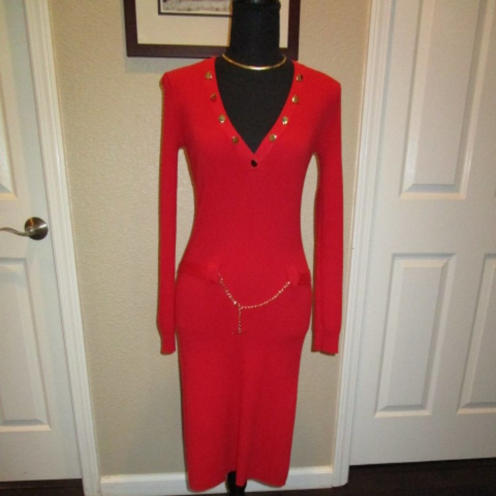 Long-sleeve Fitted Red Dress with Gold Accents